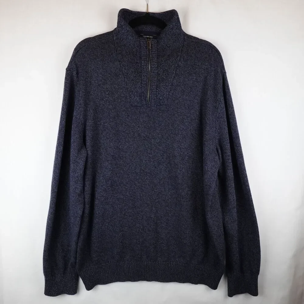 Calvin Klein Pullover Knit Sweater Men's XXL Navy Blue 1/4 Zip Up Mock Neck Fall - Picture 6 of 10